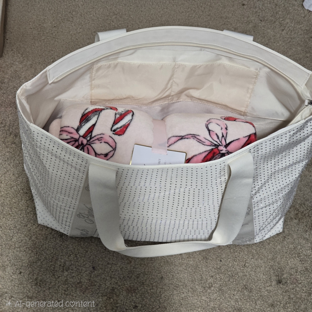 Victoria's Secret 2025 White Bling Tote And Candy Cane Themed Throw Blanket, NEW - Picture 4 of 5